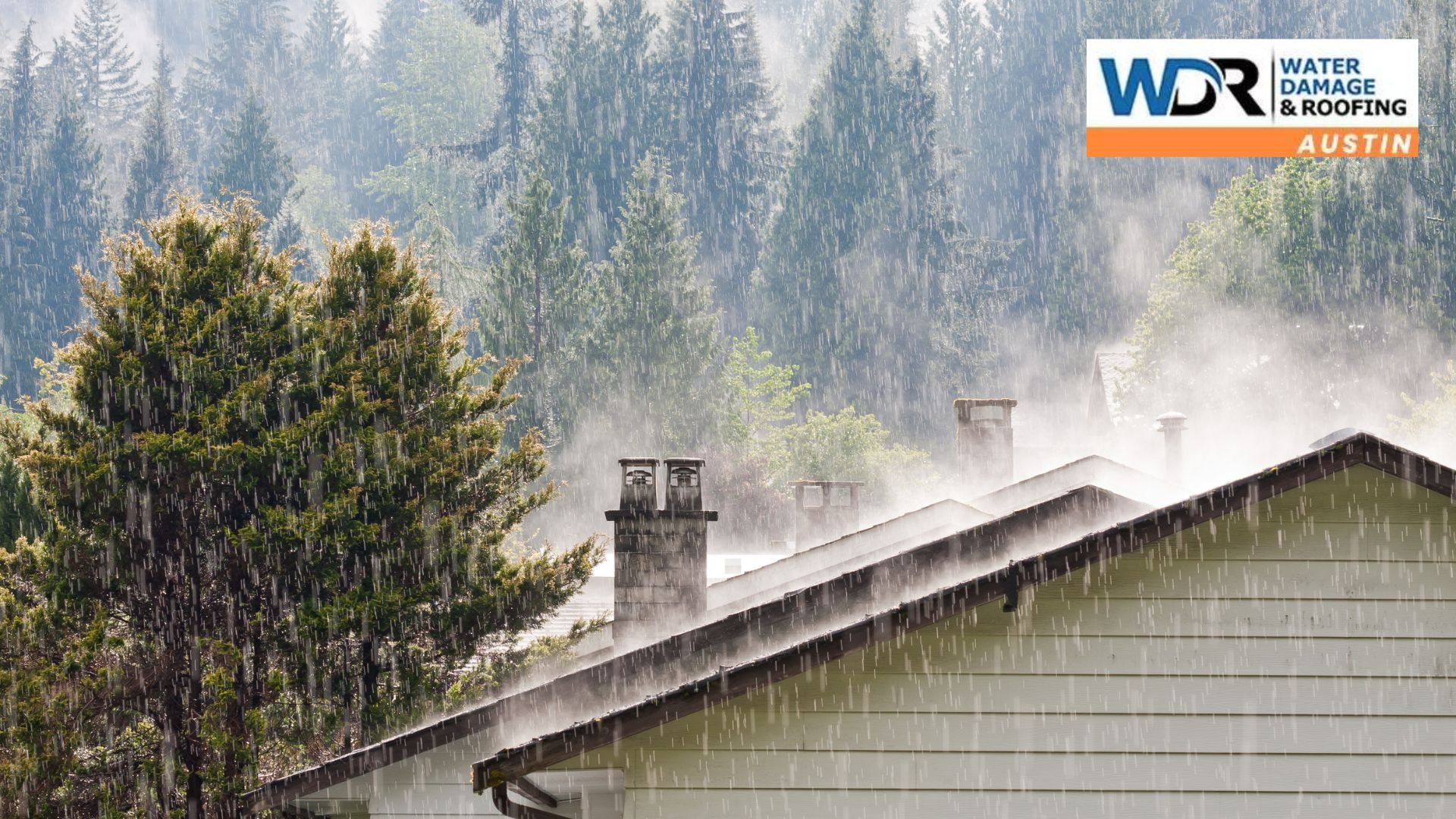 pouring rain on house roof
