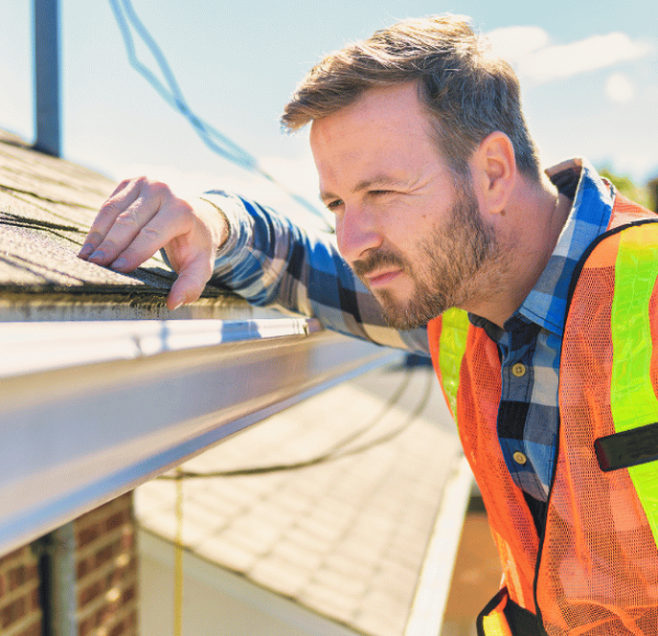 roofing contractor inspecting gutters for roof issues